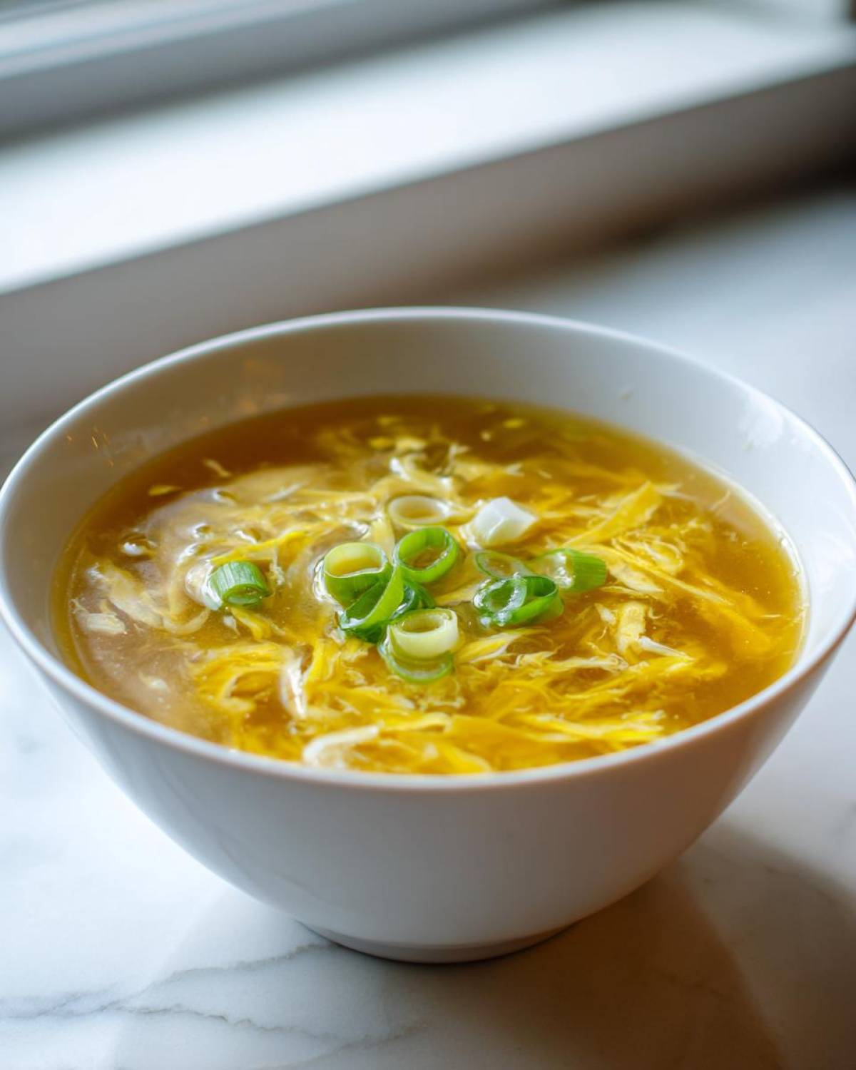 A white bowl filled with golden broth and ribbons of cooked egg, garnished with fresh green onions, representing egg drop soup.