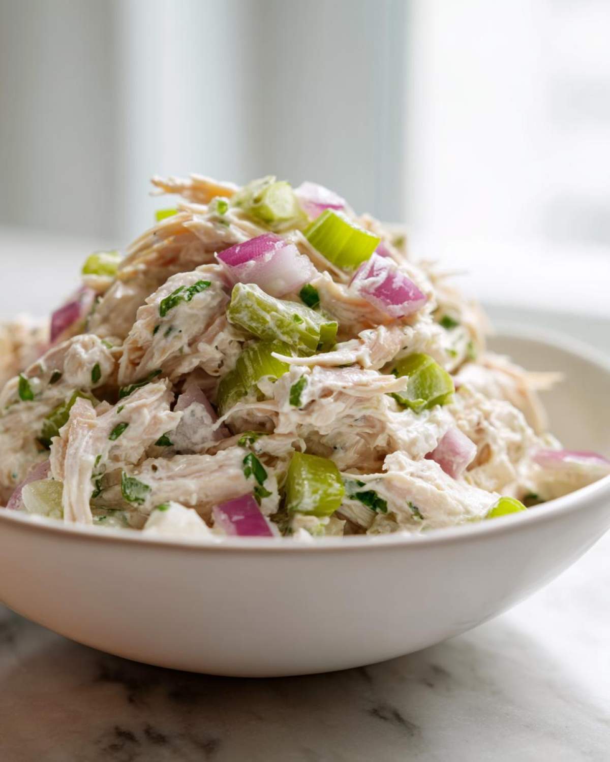 Close-up of creamy cottage cheese chicken salad mixed with celery and red onion chunks in a white bowl.