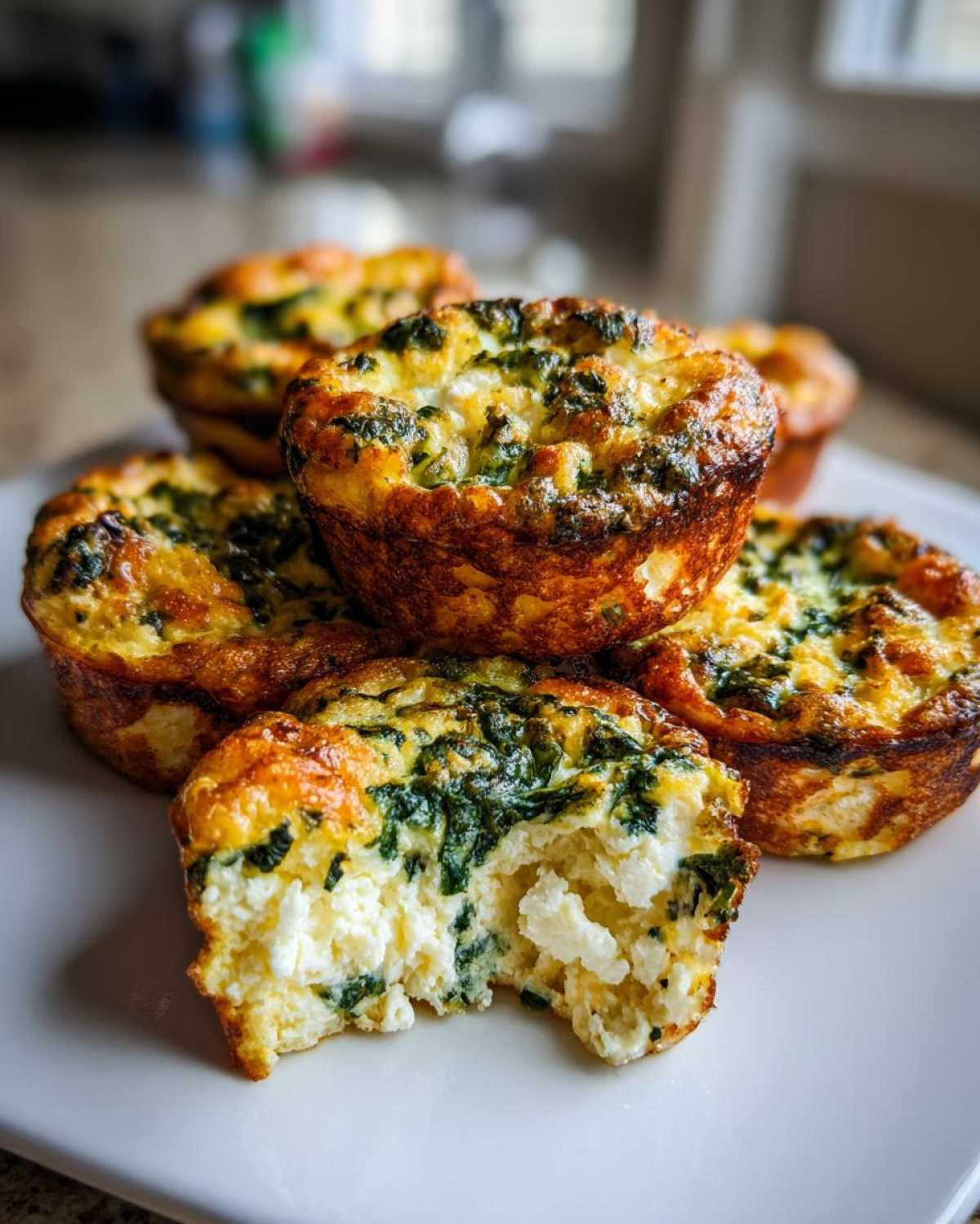 Close-up of several golden-brown Cottage Cheese Egg Cups With Spinach & Feta, one bitten to show the fluffy cottage cheese interior.
