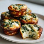 Close-up of golden-brown Cottage Cheese Egg Cups With Spinach & Feta, one has a bite taken out showing the fluffy interior.