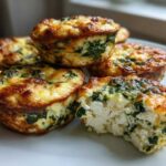 A stack of golden-brown Cottage Cheese Egg Cups With Spinach & Feta, one bitten open to show the fluffy white cottage cheese interior.