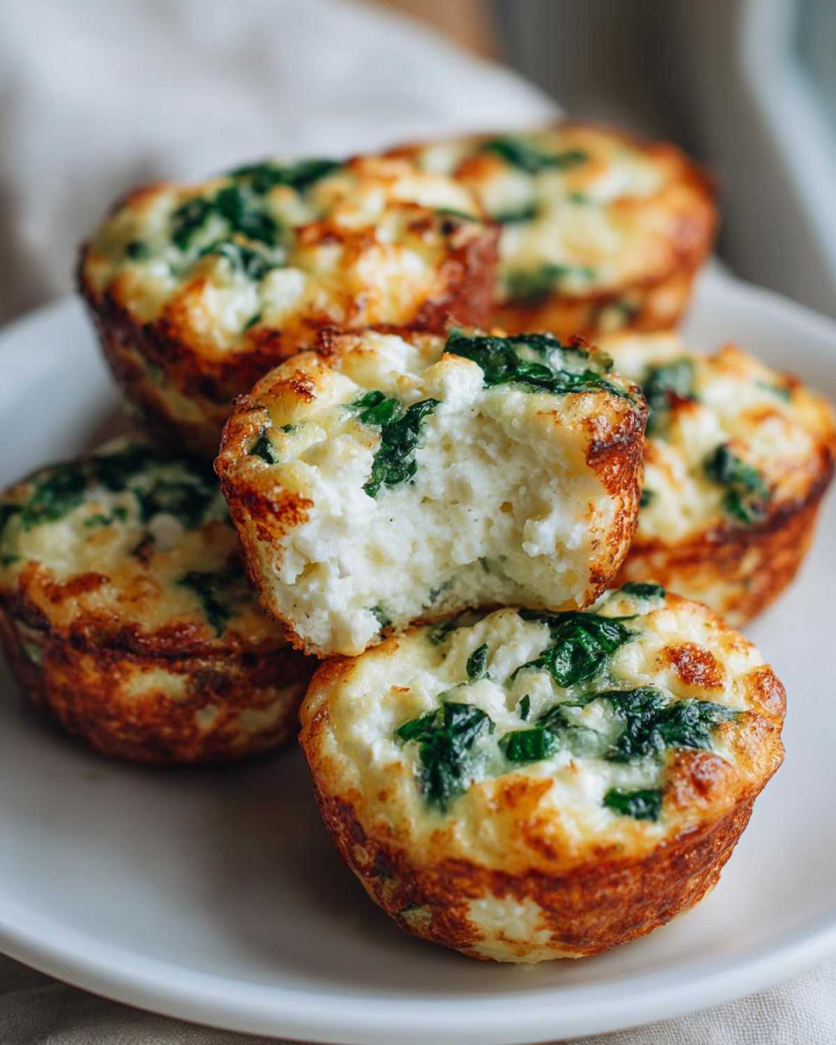 A stack of golden-brown Cottage Cheese Egg Cups With Spinach & Feta, with one cup broken open to show the fluffy interior.