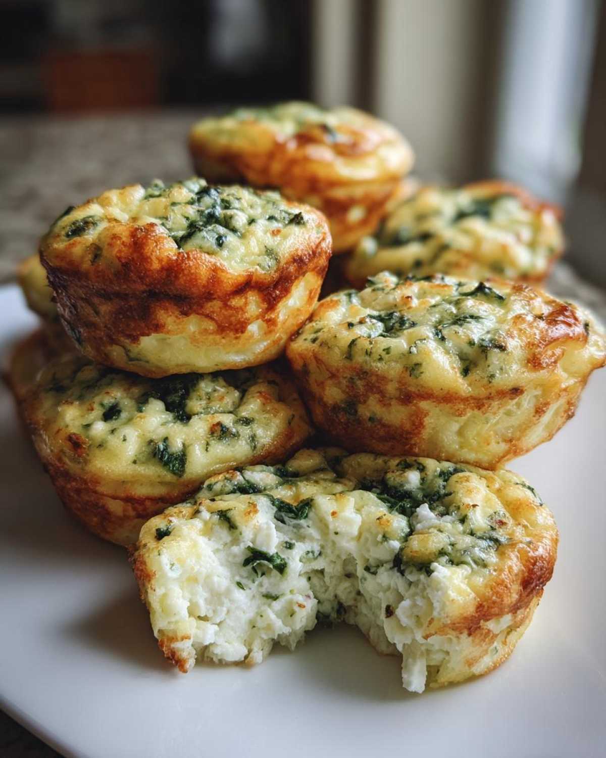 A stack of golden-brown Cottage Cheese Egg Cups With Spinach & Feta, one bitten into showing the fluffy white interior.