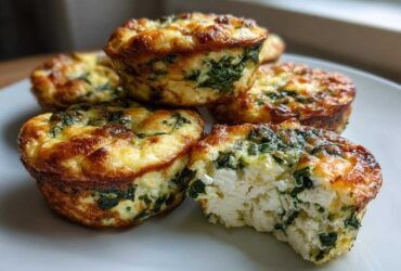 A stack of golden-brown Cottage Cheese Egg Cups With Spinach & Feta, one bitten open to show the fluffy white cottage cheese interior.