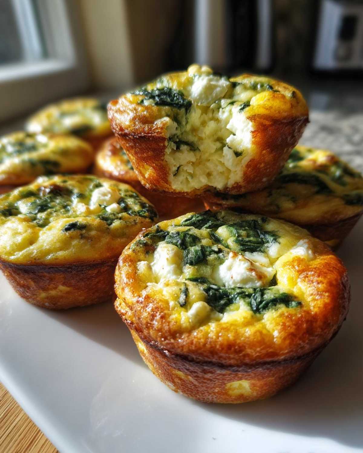 A stack of golden brown Cottage Cheese Egg Cups With Spinach & Feta, one on top has a bite taken out showing the fluffy interior.