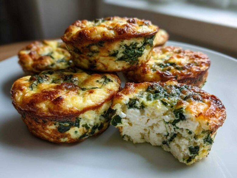 A stack of golden-brown Cottage Cheese Egg Cups With Spinach & Feta, one bitten open to show the fluffy white cottage cheese interior.