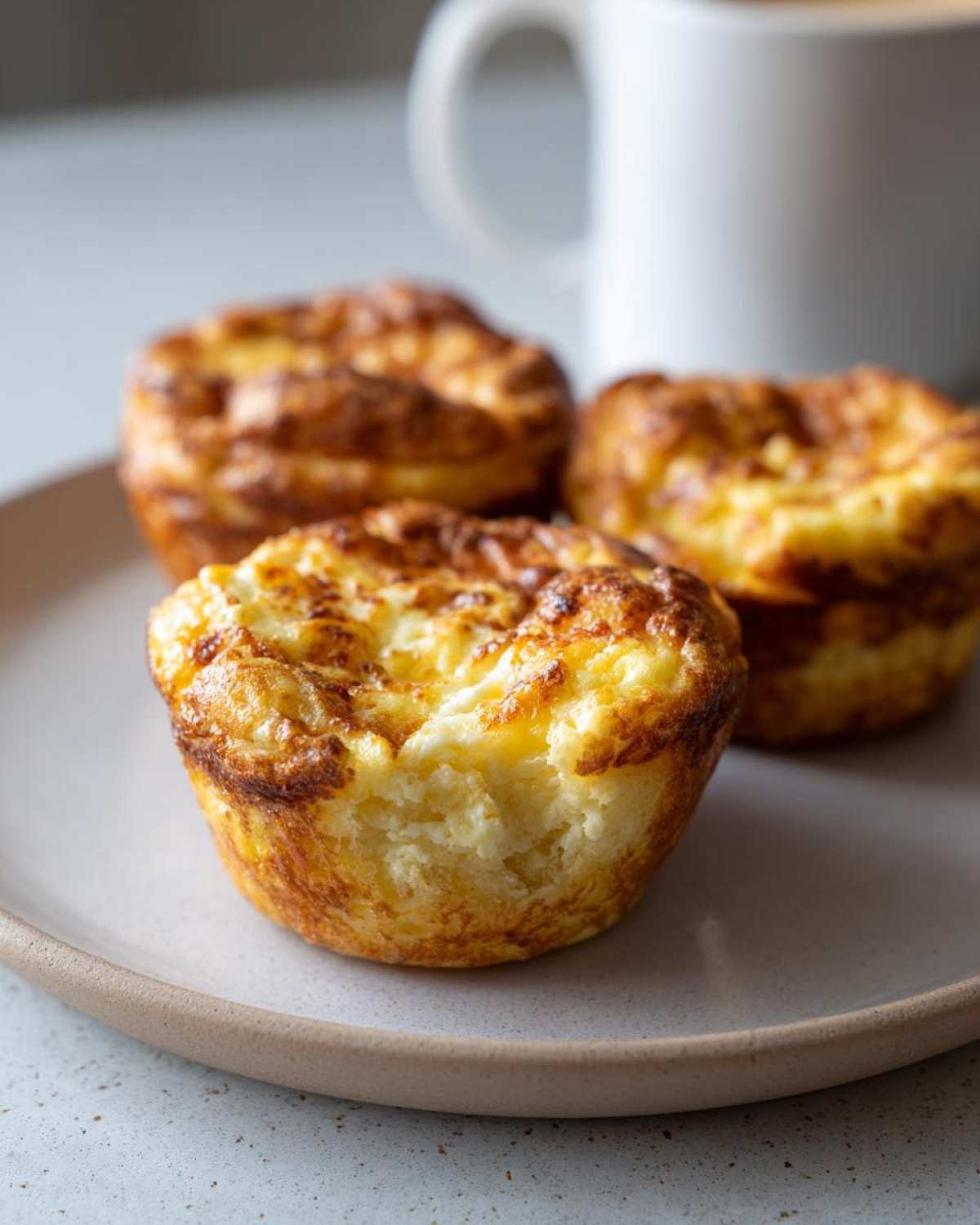 Three golden-brown cottage cheese egg cups served on a plate, perfect for a Starbucks hack breakfast.