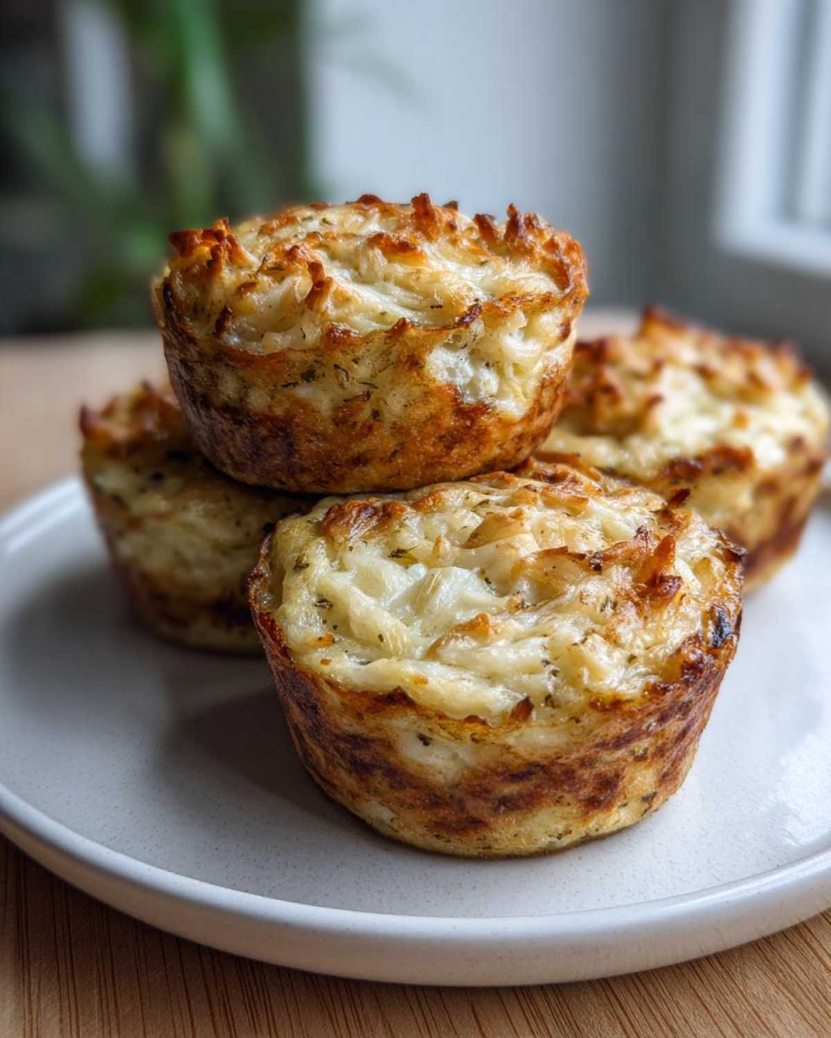 Four baked cottage cheese egg cups starbucks hack muffins stacked on a light plate.