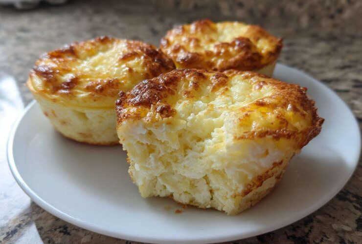 Three golden-brown cottage cheese egg cups starbucks hack style on a white plate, one is bitten into.