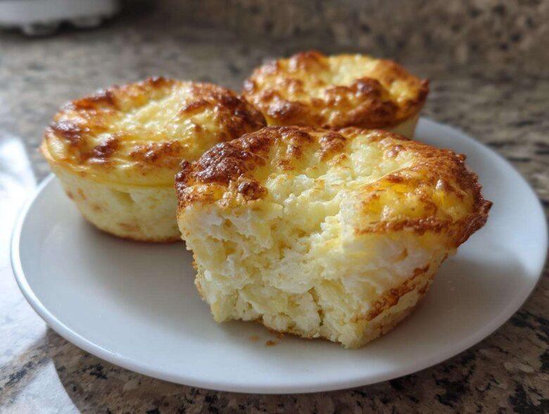 Three golden-brown cottage cheese egg cups starbucks hack style on a white plate, one is bitten into.