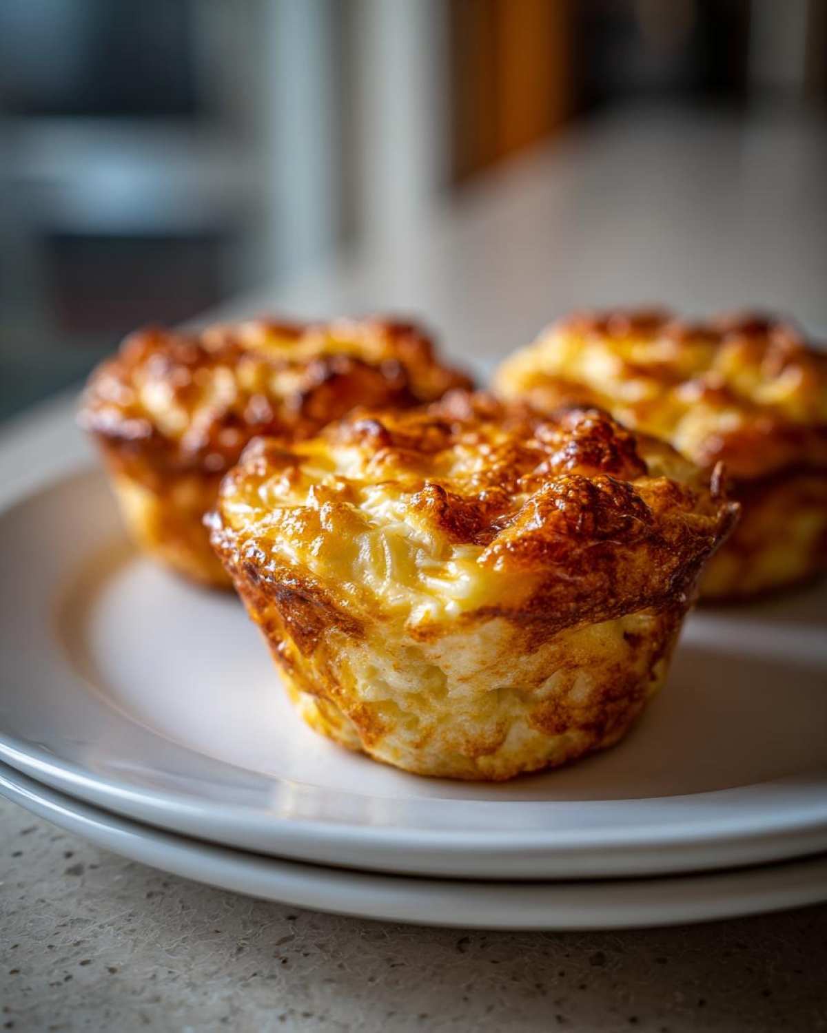 Three golden-brown cottage cheese egg cups starbucks style resting on white plates.