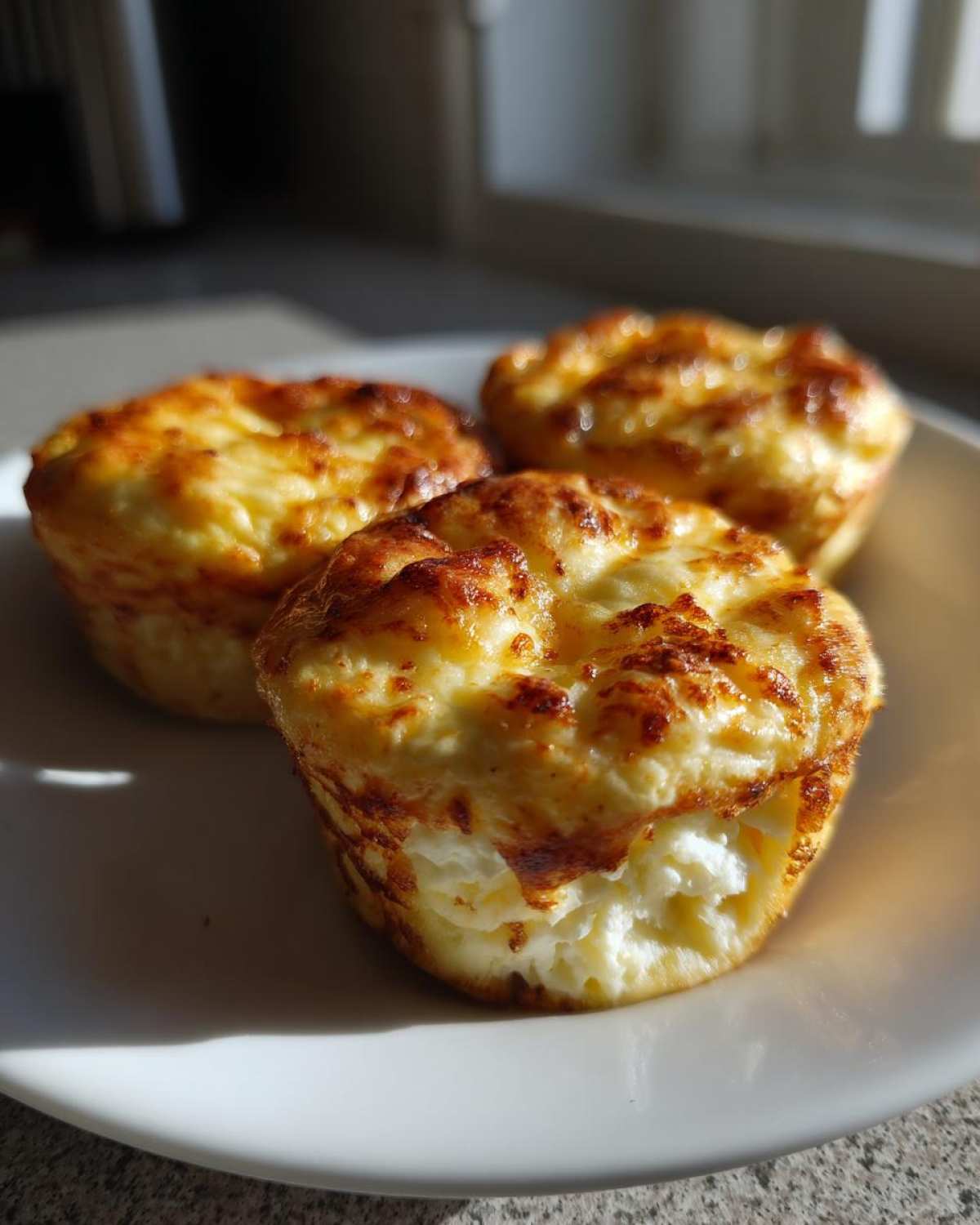 Three freshly baked cottage cheese egg cups starbucks style with golden-brown tops resting on a white plate.