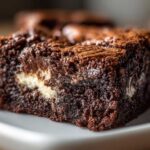 Close-up of a rich, dark chocolate Cottage Cheese Microwave Brownie slice showing a creamy white swirl inside.