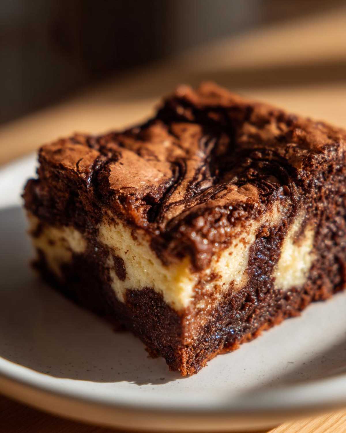 Close-up of a moist, fudgy Cottage Cheese Microwave Brownie slice showing a rich chocolate swirl over a creamy cheesecake layer.