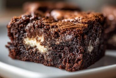 Close-up of a rich, dark chocolate Cottage Cheese Microwave Brownie slice showing a creamy white swirl inside.