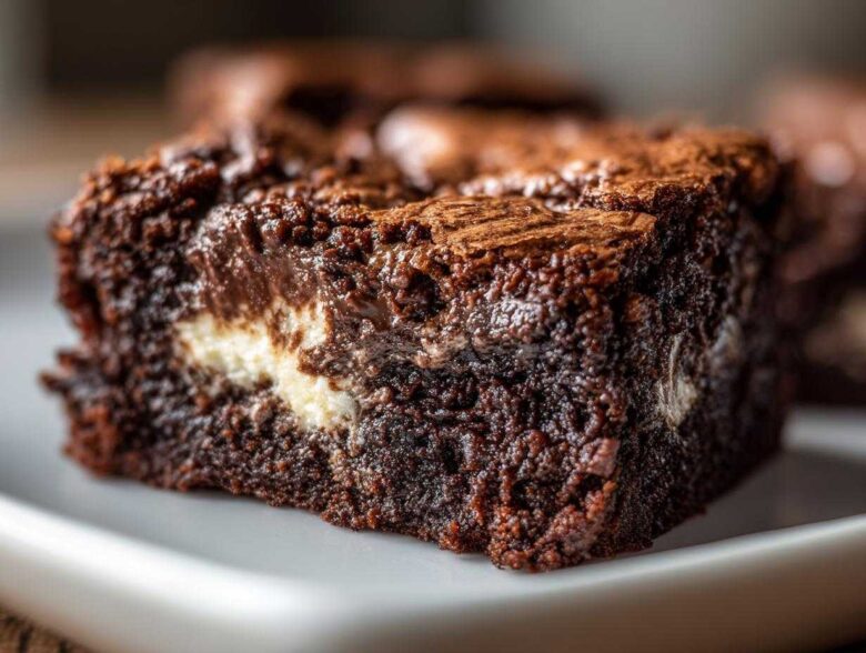 Close-up of a rich, dark chocolate Cottage Cheese Microwave Brownie slice showing a creamy white swirl inside.