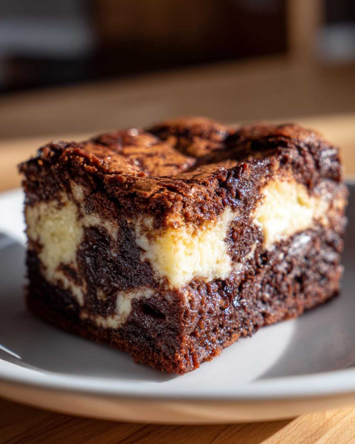 A close-up of a rich, fudgy Cottage Cheese Microwave Brownie square with a creamy, light-colored swirl.