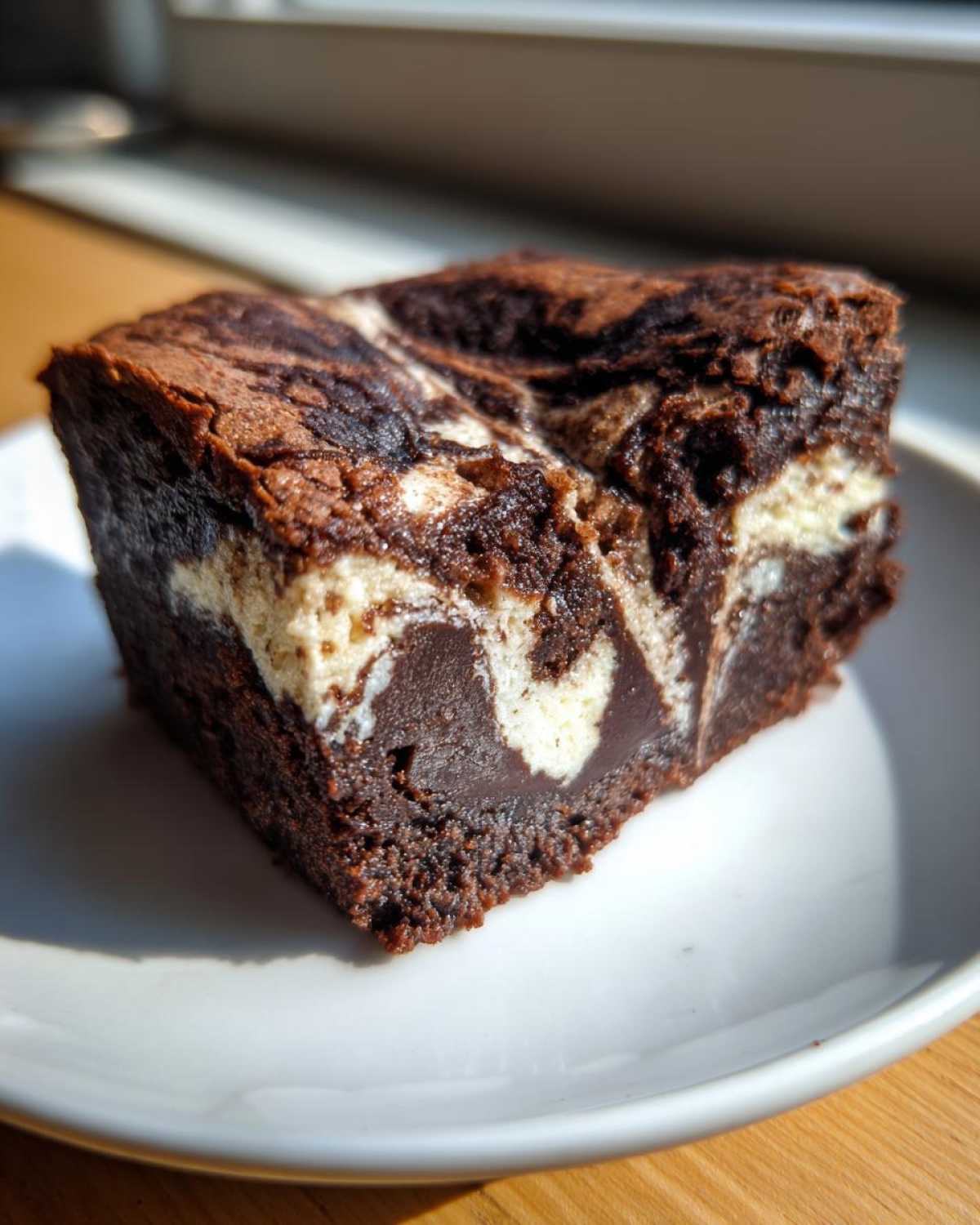 A single, rich, fudgy square of Cottage Cheese Microwave Brownie with a visible cream cheese swirl on top.