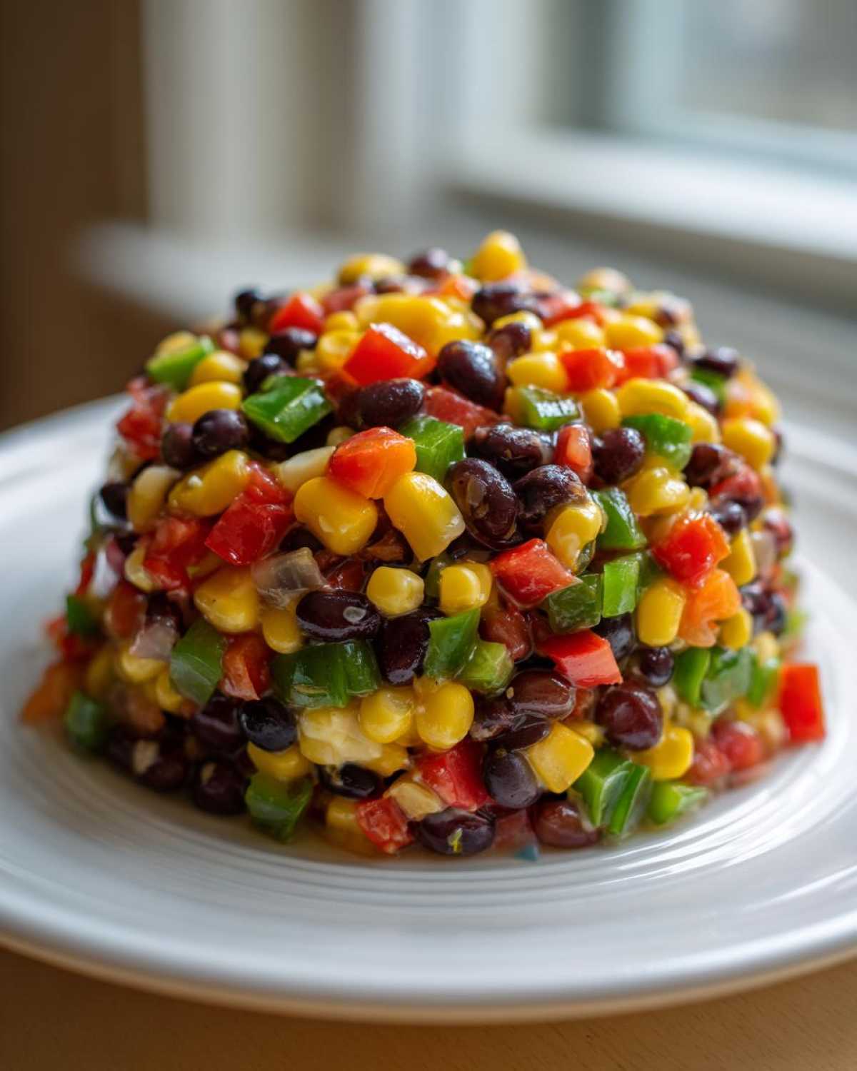 A colorful mound of fresh cowboy caviar featuring black beans, corn, red and green peppers, served on a white plate.