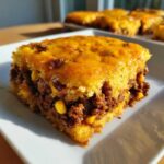 A close-up slice of cowboy cornbread casserole featuring a savory meat filling, corn, and a cheesy topping.