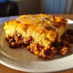 A hearty slice of cowboy cornbread casserole featuring a thick cornbread top layer with melted cheddar cheese over a savory ground beef filling.