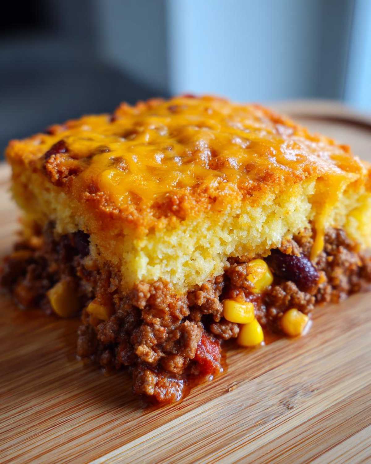A close-up of a hearty slice of cowboy cornbread casserole featuring a thick layer of chili filling and melted cheddar cheese on top.