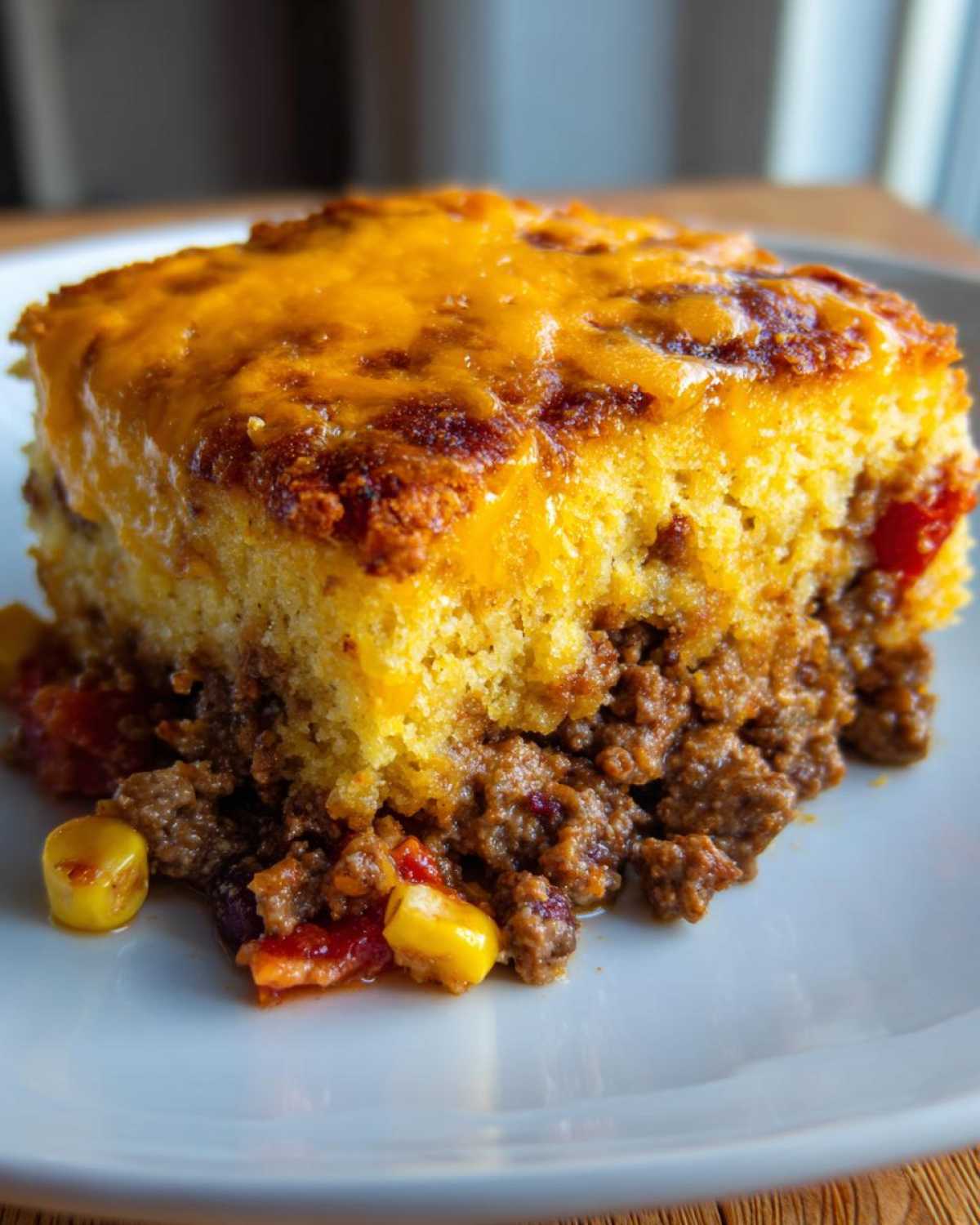A close-up of a hearty slice of cowboy cornbread casserole featuring a thick layer of seasoned ground beef, corn, and tomatoes, topped with melted cheddar cheese.