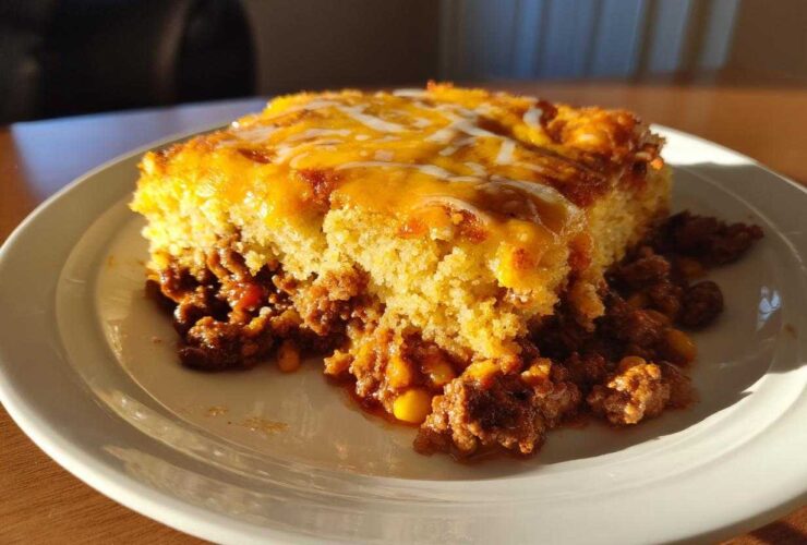 A hearty slice of cowboy cornbread casserole featuring a thick cornbread top layer with melted cheddar cheese over a savory ground beef filling.