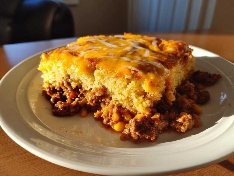 A hearty slice of cowboy cornbread casserole featuring a thick cornbread top layer with melted cheddar cheese over a savory ground beef filling.