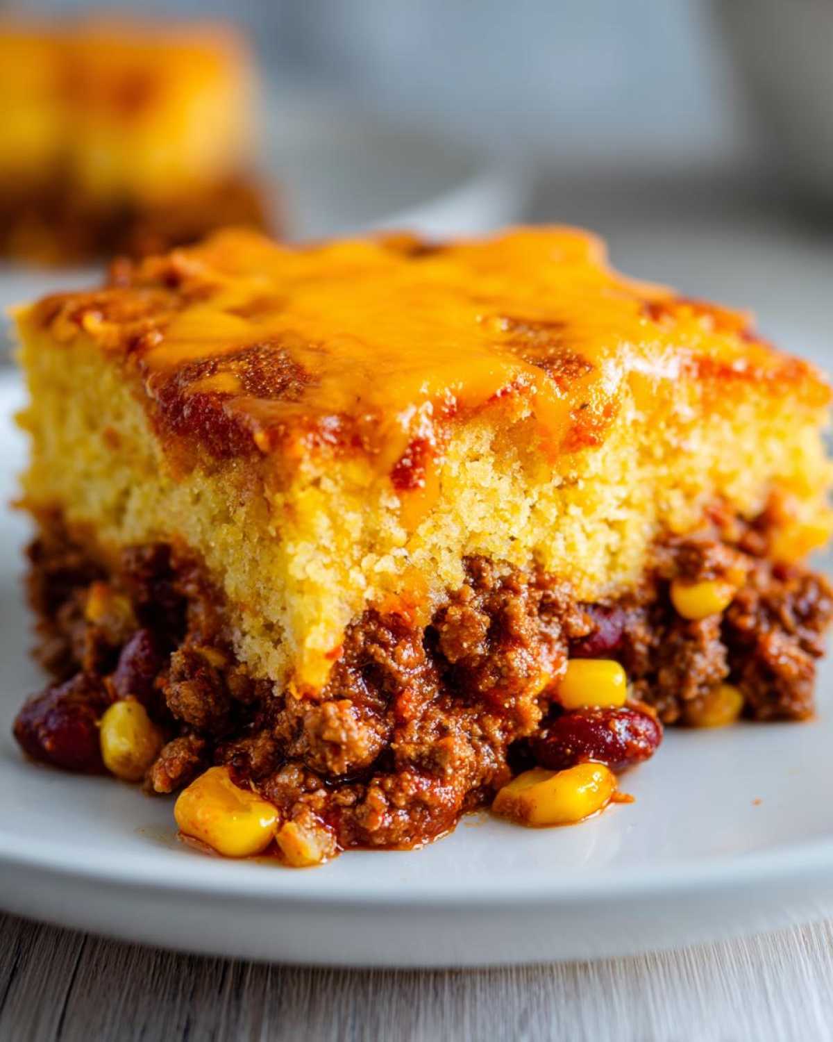 A close-up of a square slice of cowboy cornbread casserole showing a thick layer of chili filling with corn and beans beneath a golden cornbread top covered in melted cheddar cheese.