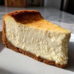 A thick, creamy slice of baked cheesecake with a golden-brown top and graham cracker crust, showcasing the perfect cheesecake recipe texture.
