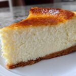 A perfect, tall slice of creamy cheesecake with a golden-brown top and graham cracker crust, showcasing the ideal cheesecake recipe result.