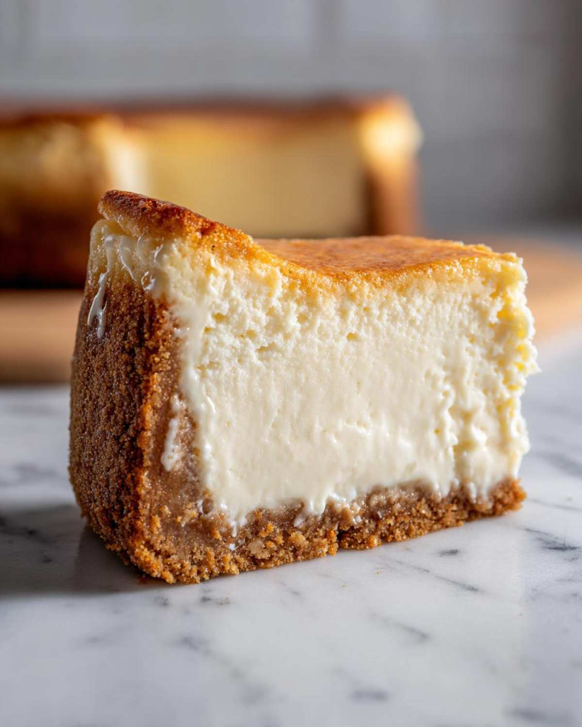 Close-up of a thick, creamy slice of cheesecake recipe with a golden-brown top and graham cracker crust.
