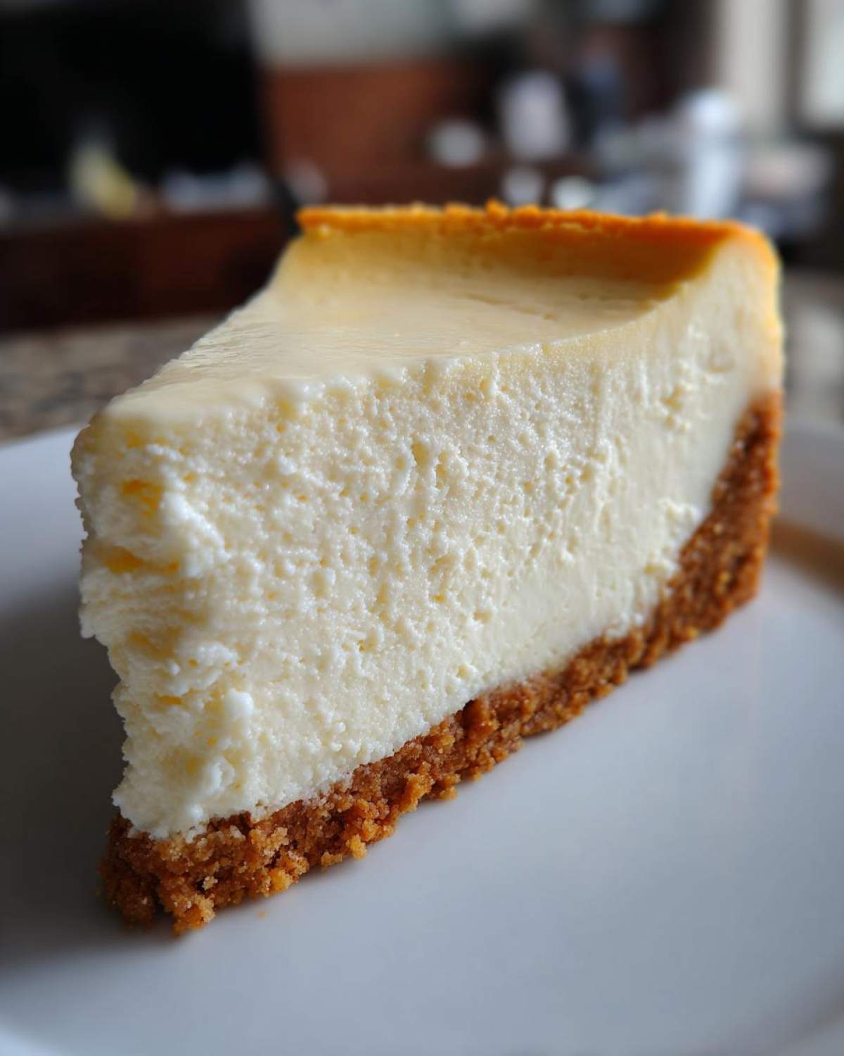 A close-up shot of a thick, creamy slice of cheesecake recipe on a white plate, showing a graham cracker crust.