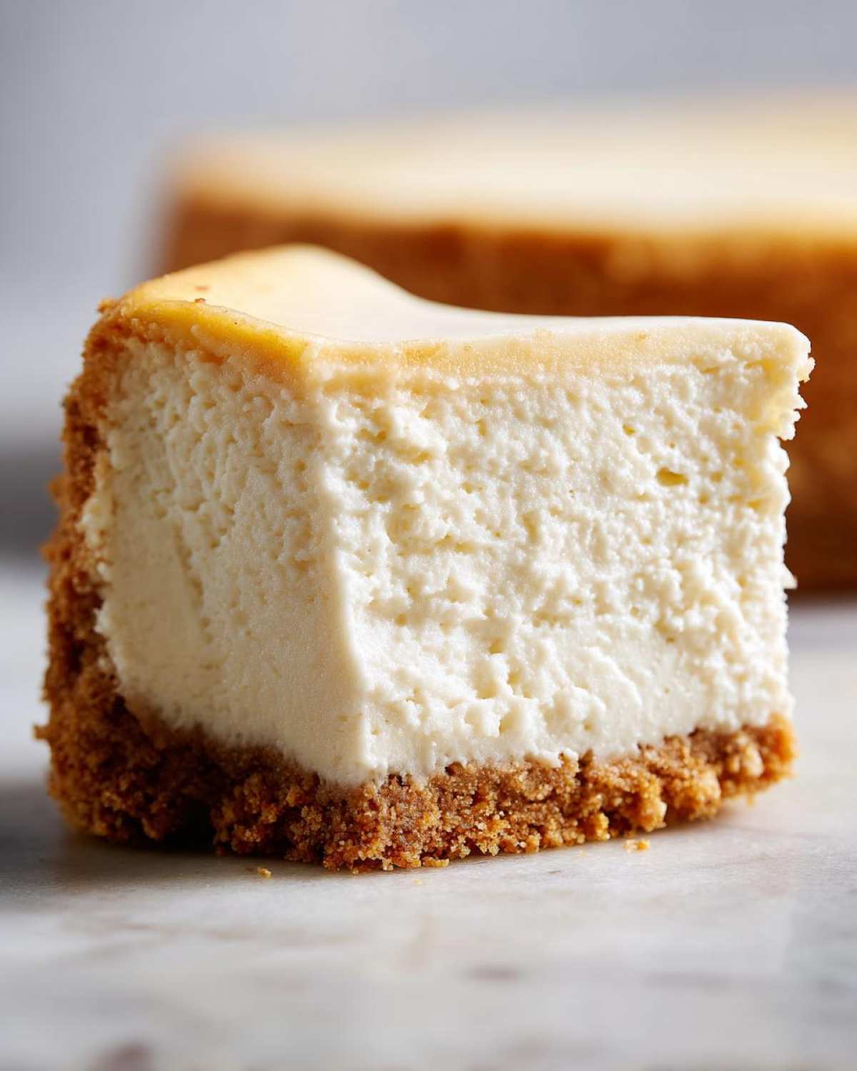 Close-up of a perfectly smooth slice of cheesecake recipe showing the creamy filling and graham cracker crust.
