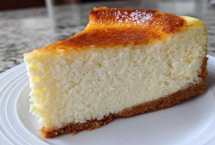 A perfect, tall slice of creamy cheesecake with a golden-brown top and graham cracker crust, showcasing the ideal cheesecake recipe result.