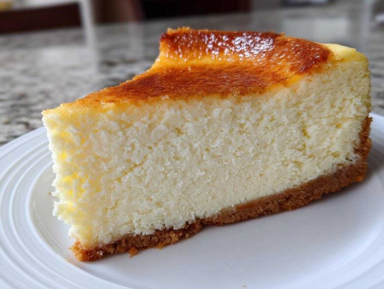 A perfect, tall slice of creamy cheesecake with a golden-brown top and graham cracker crust, showcasing the ideal cheesecake recipe result.