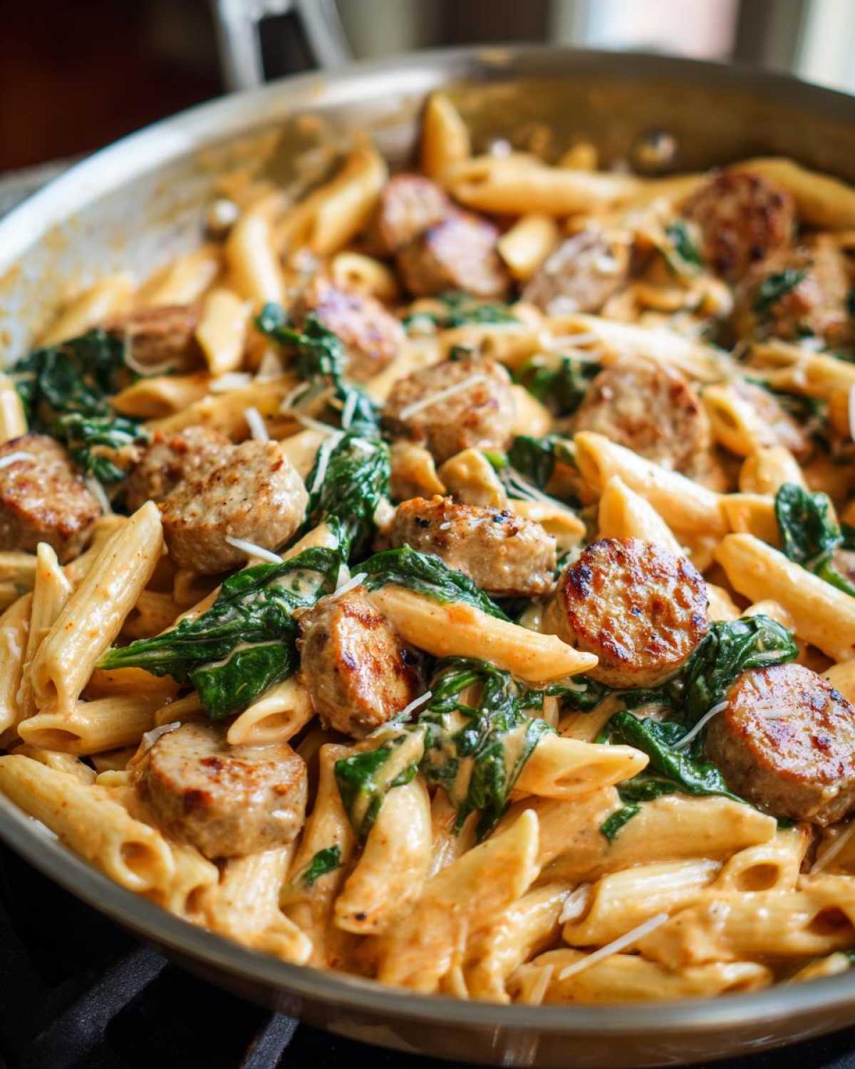 Close-up of creamy chicken sausage pasta with penne, spinach, and grated cheese in a stainless steel skillet.