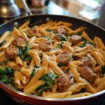Close-up of creamy chicken sausage pasta with wilted spinach, served directly in a skillet.