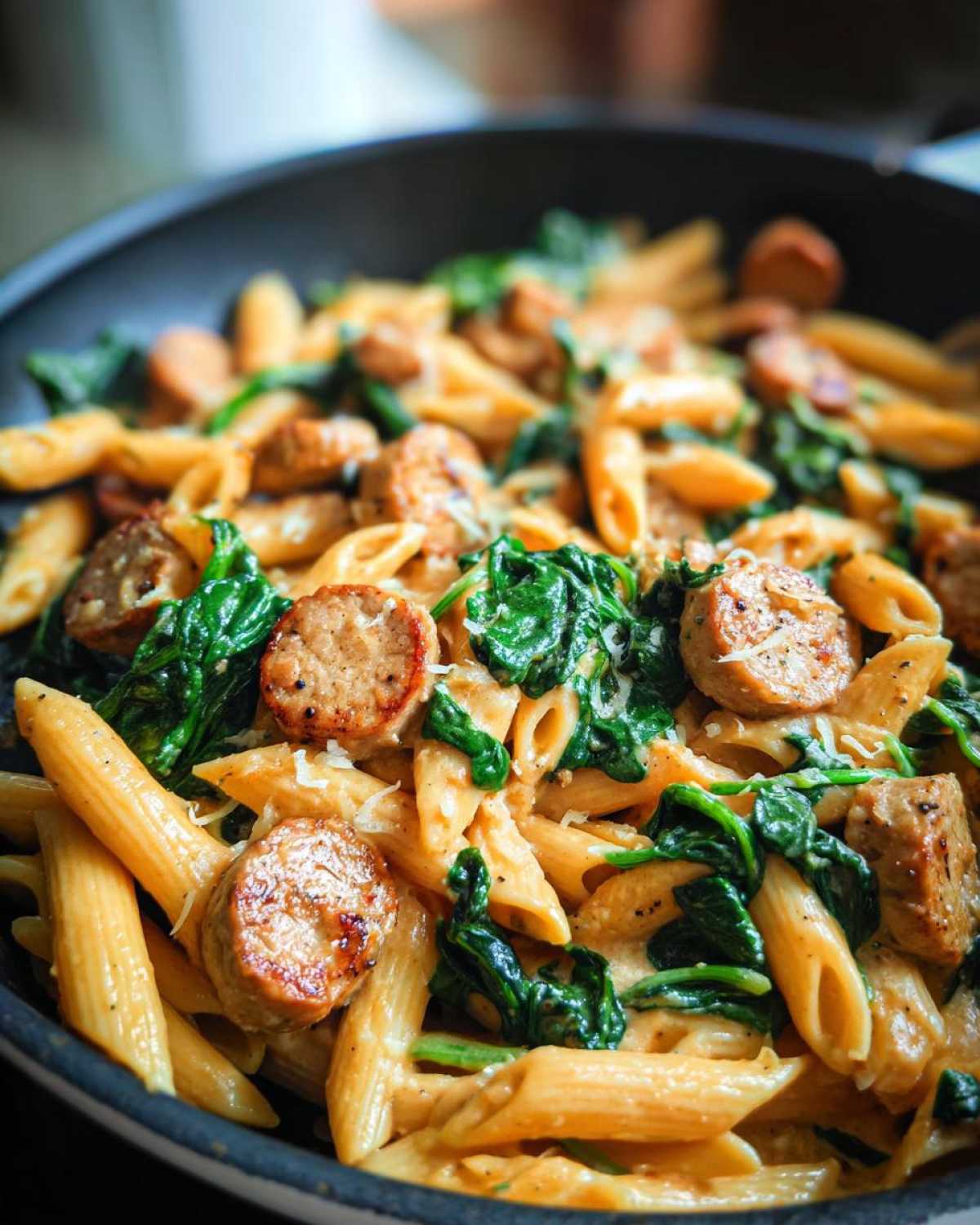 Close-up of creamy chicken sausage pasta mixed with wilted spinach and grated cheese in a black skillet.