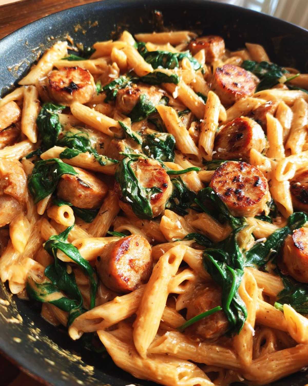 Close-up of creamy chicken sausage pasta with penne, browned sausage slices, and wilted spinach in a dark skillet.