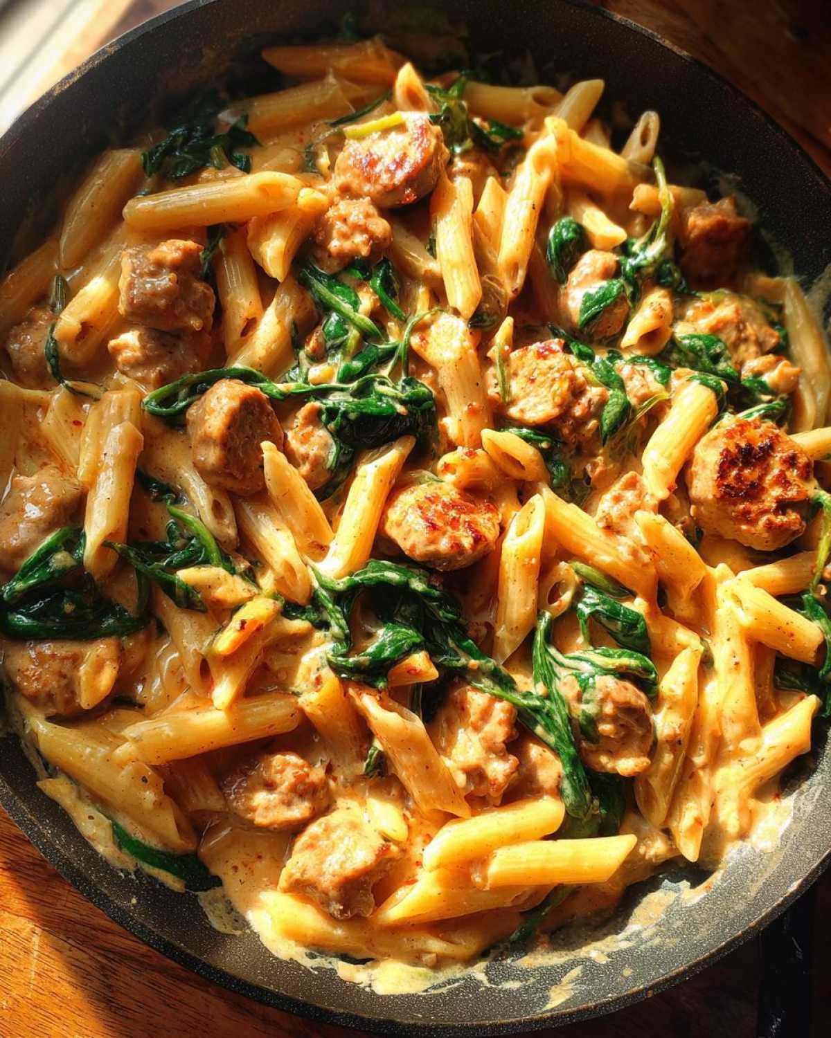 Close-up overhead view of creamy chicken sausage pasta with wilted spinach, served directly in a dark skillet.