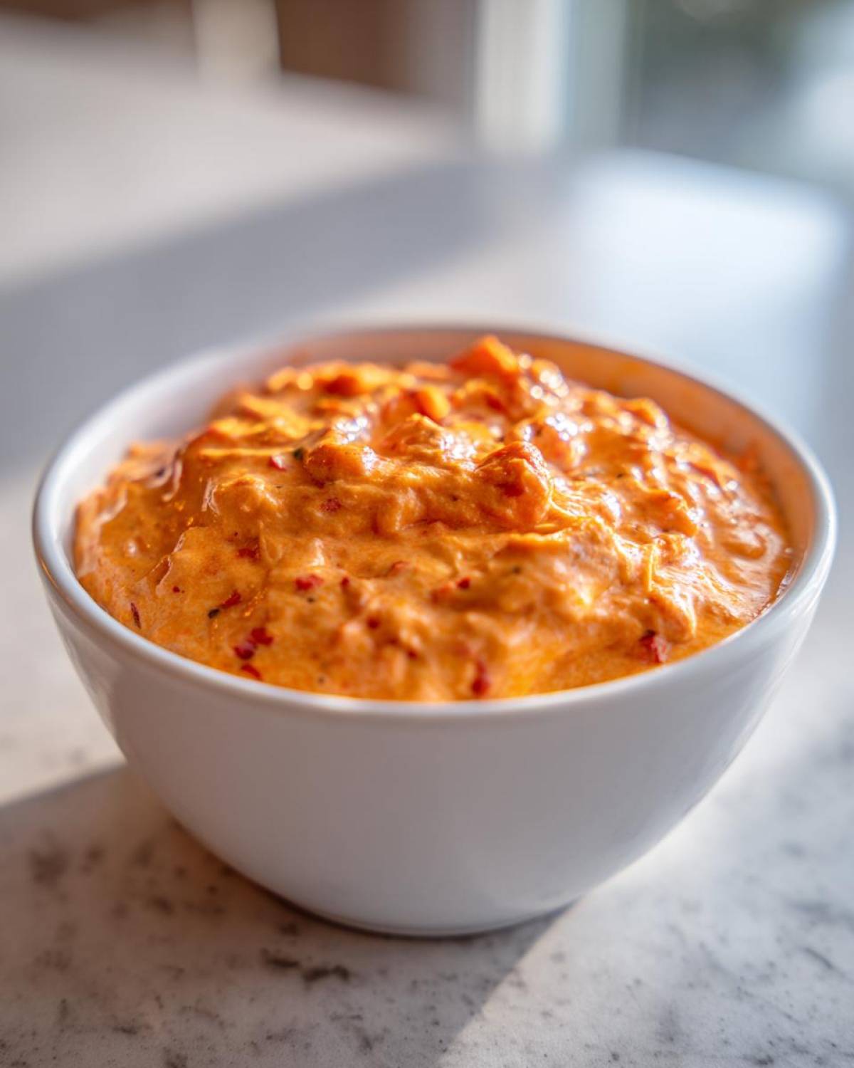 A close-up of a thick, creamy, orange chili cheese dip served in a small white bowl.