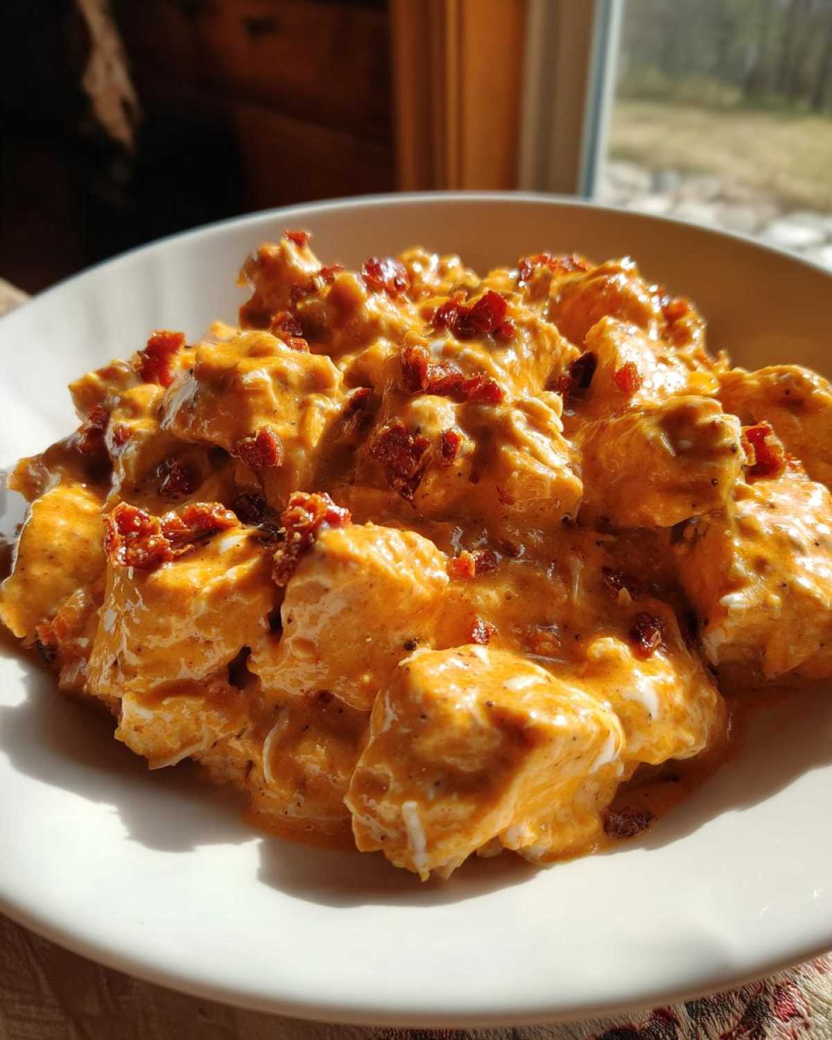 Close-up of creamy, orange-sauced chicken pieces topped with sun-dried tomatoes, representing crockpot marry me chicken.
