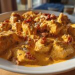 Close-up of tender chicken pieces swimming in a rich, creamy sauce, topped with sun-dried tomatoes, representing crockpot marry me chicken.