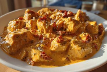 Close-up of tender chicken pieces swimming in a rich, creamy sauce, topped with sun-dried tomatoes, representing crockpot marry me chicken.