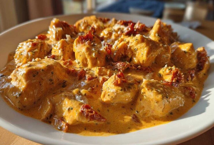 Close-up of tender chicken pieces swimming in a rich, creamy sauce, topped with sun-dried tomatoes, representing crockpot marry me chicken.