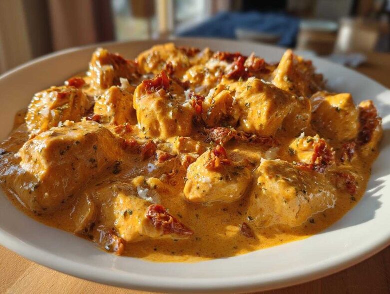 Close-up of tender chicken pieces swimming in a rich, creamy sauce, topped with sun-dried tomatoes, representing crockpot marry me chicken.