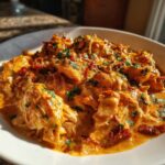 Close-up of shredded chicken in a rich, creamy sauce with sun-dried tomatoes, garnished with parsley, representing crockpot marry me chicken.