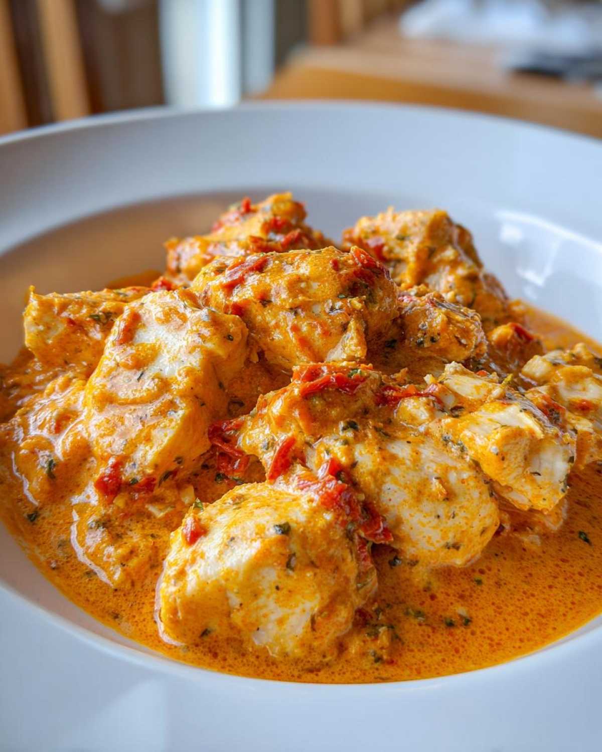Close-up of tender chicken pieces smothered in a rich, creamy, orange-hued sauce with sun-dried tomatoes, representing crockpot marry me chicken.